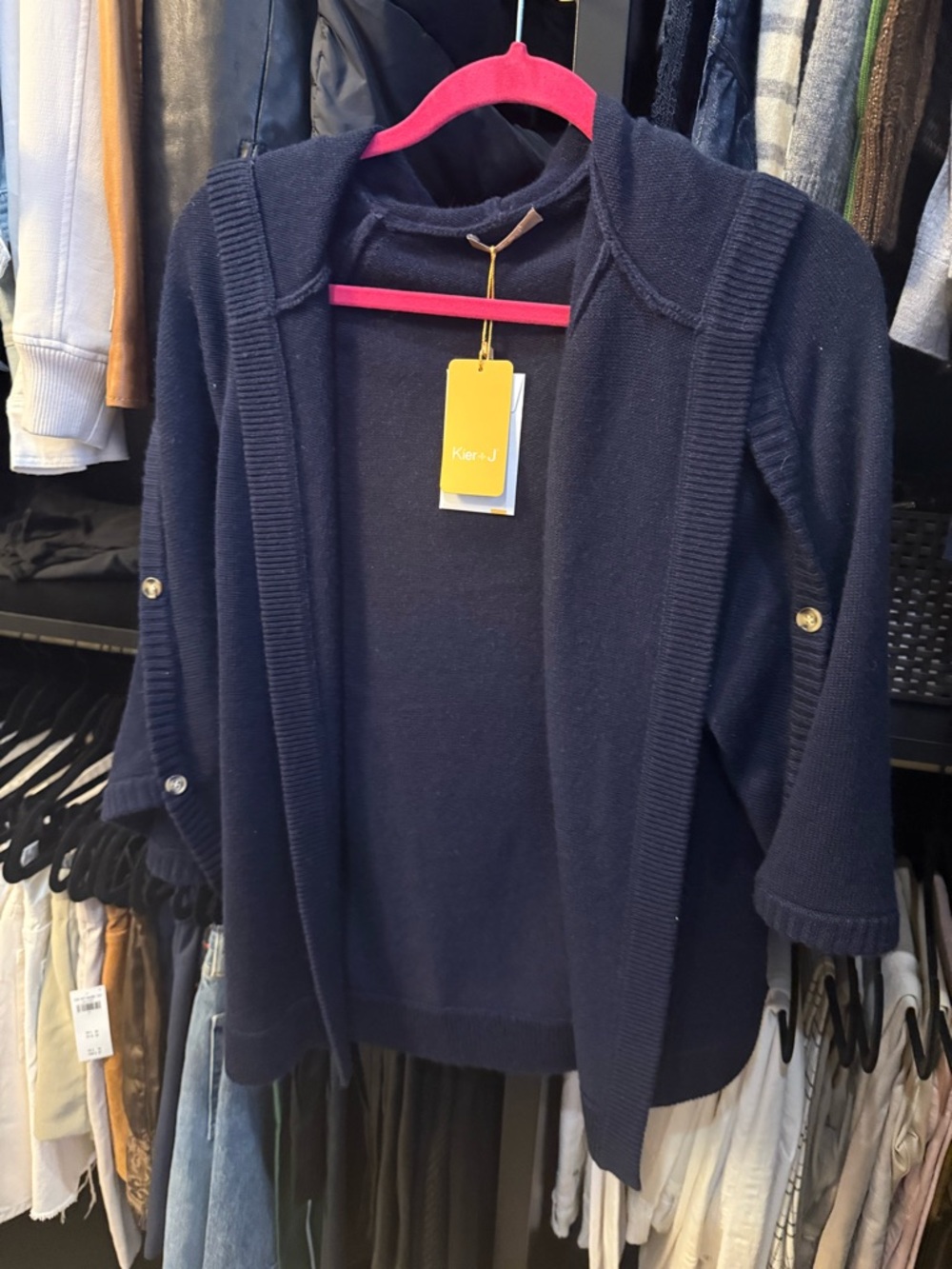 KIER + J Navy Hooded Open-Front cashmere Cardigan with Button Tabs